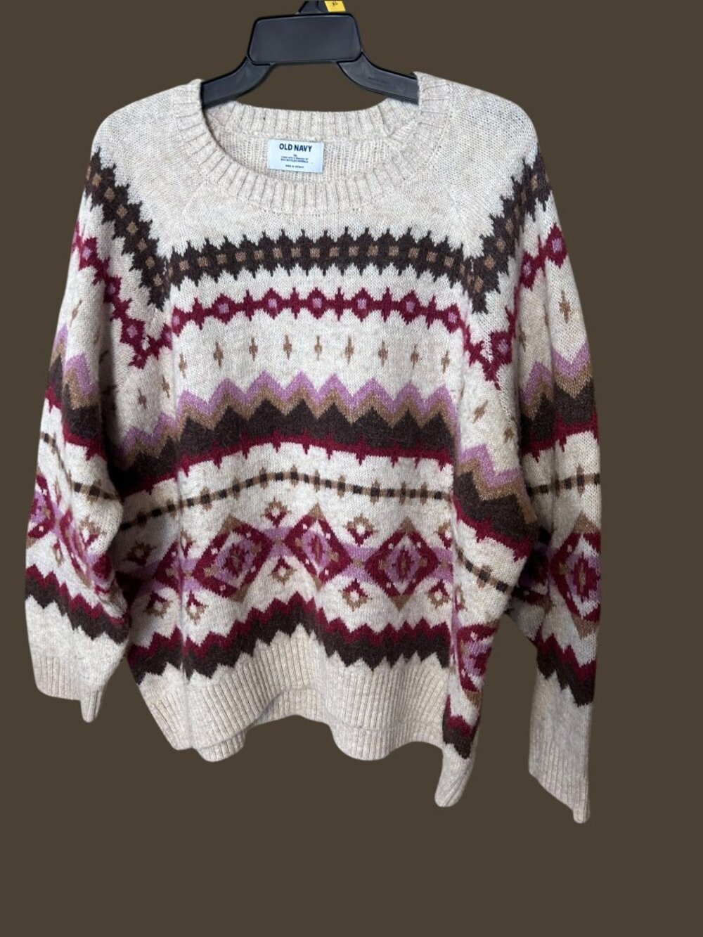 Old Navy Fair Isle Sweater XL Cream Berry Mauve Cozy Oversized Wool Blend Winter